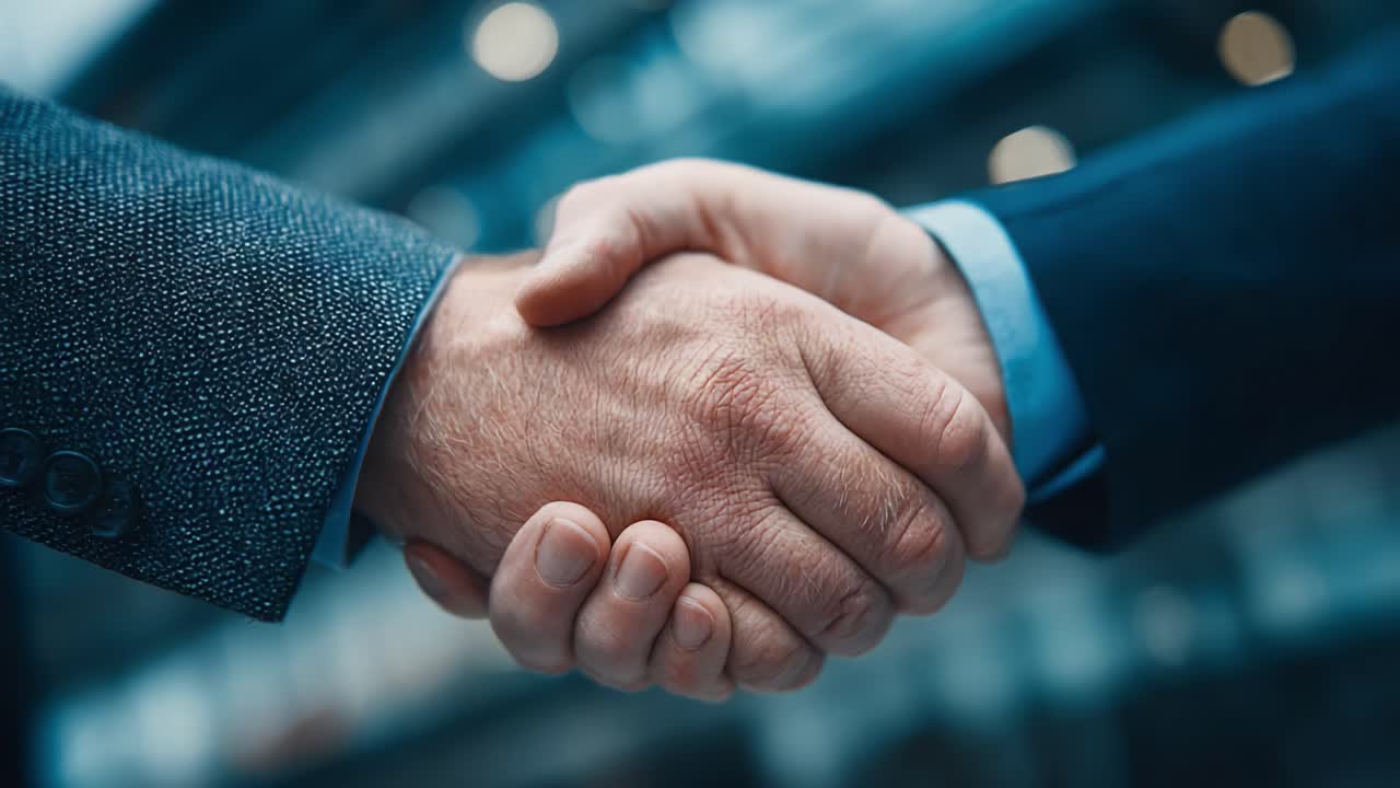 A Moment of Agreement: Two Hands Shake Firmly to Seal a Deal in a Professional Environment, Representing Trust, Collaboration, and Mutual Understanding