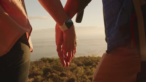 active senior couple holding hands in forest