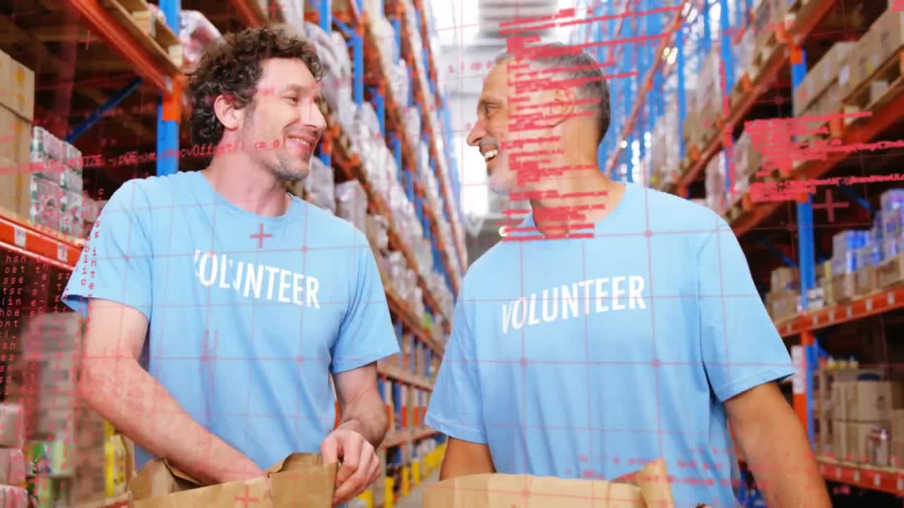 Animation of data processing over diverse people working in warehouse