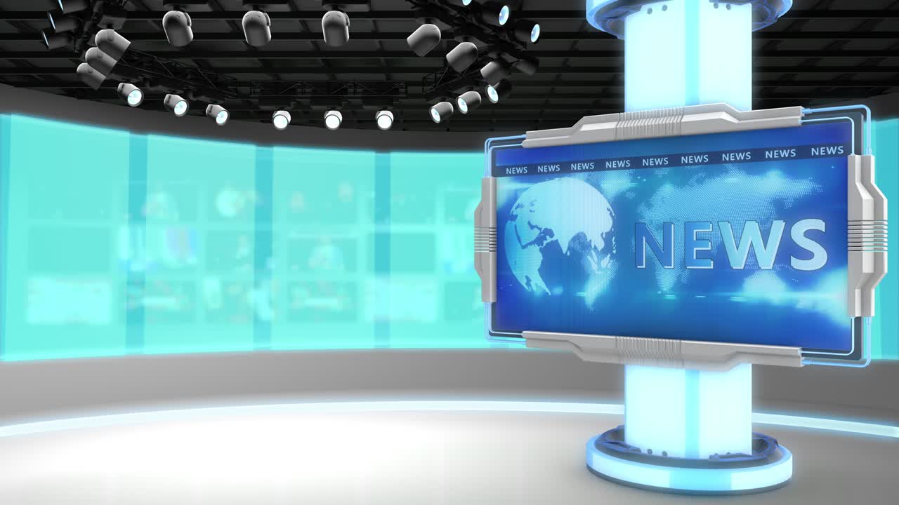 estudio de televisión. sala de noticias. fondo azul y rojo. toma general y de primer plano. estudio de noticias. trasfondo de estudio. bakground de la sala de prensa. el telón de fondo perfecto para cualquier producción de video de pantalla verde o chroma key. bucle. renderizado 3d