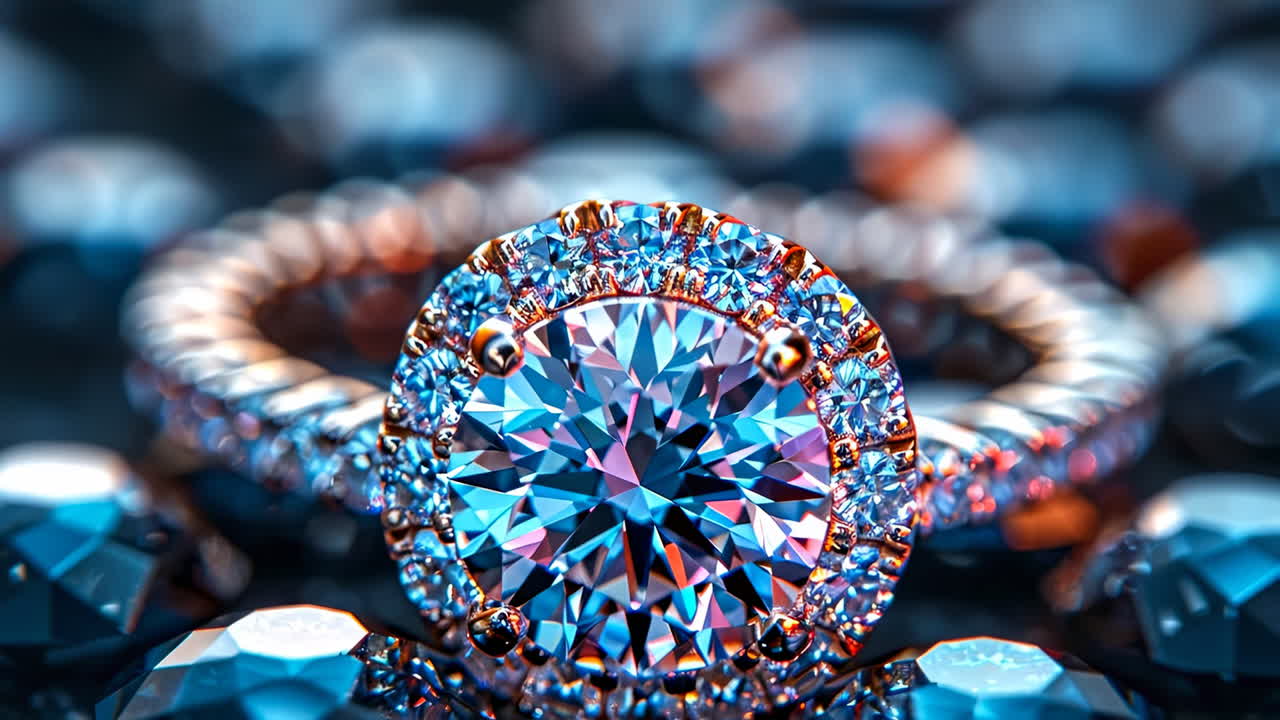 Sparkling diamond ring. A stunning diamond ring rests on shimmering gems, reflecting light in colorful displays of beauty