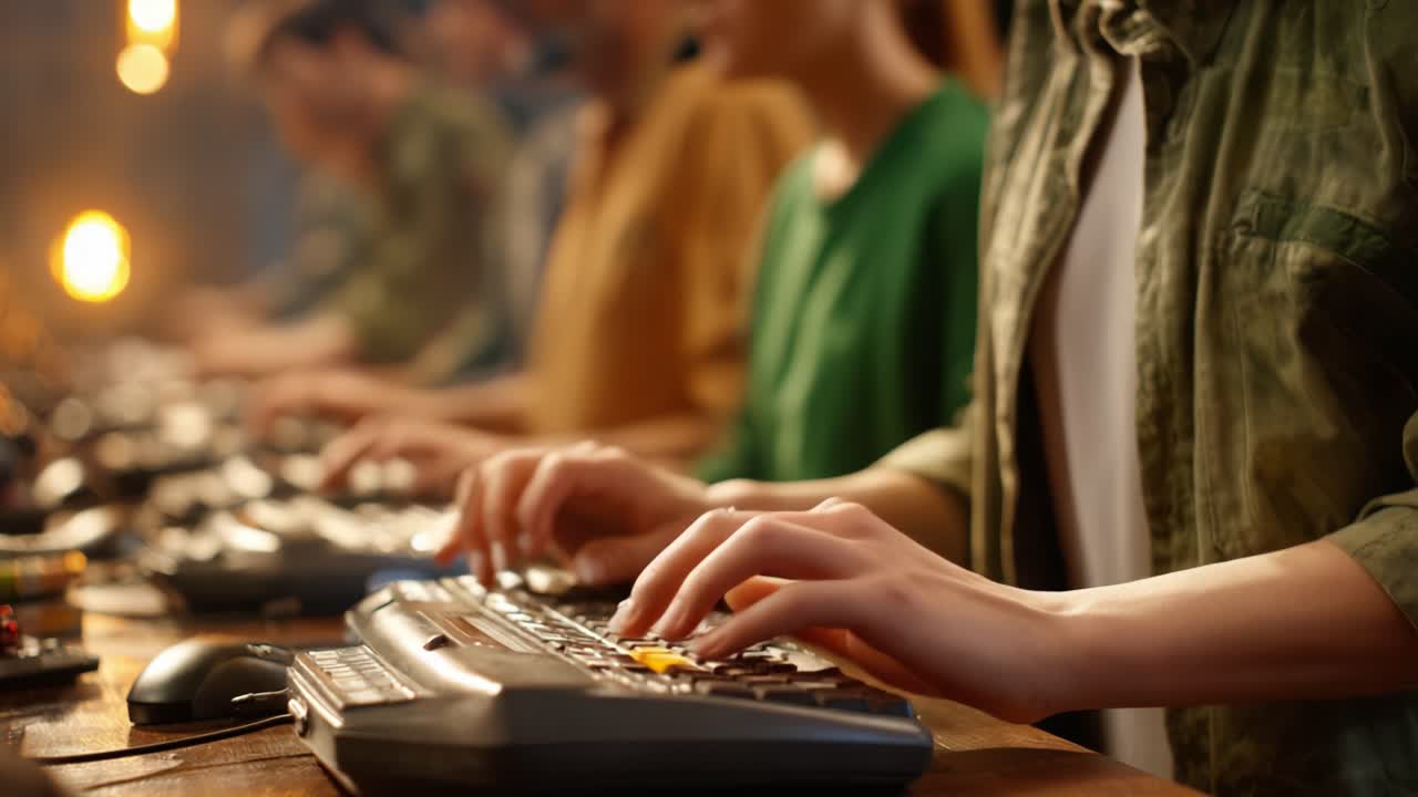 A Group of Individuals Collaborating with Keyboards on a Long Wooden Table in a Cozy, Dimly Lit Space: A Scene of Engagement and Digital Interaction