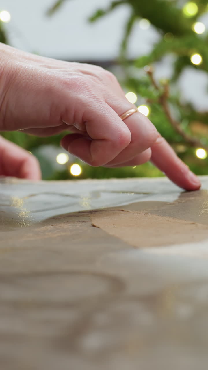 축제 분위기의 흰 손이 젖은 테이블 위에서 모양을 따라 그리고 있고, 배경에는 휴일 조명과 소나무 가지가 있어요. 손가락 끝으로 젖은 자국과 반짝이가 드러나고, 손가락의 반지는 장식가 또는 제빵사임을 암시합니다.