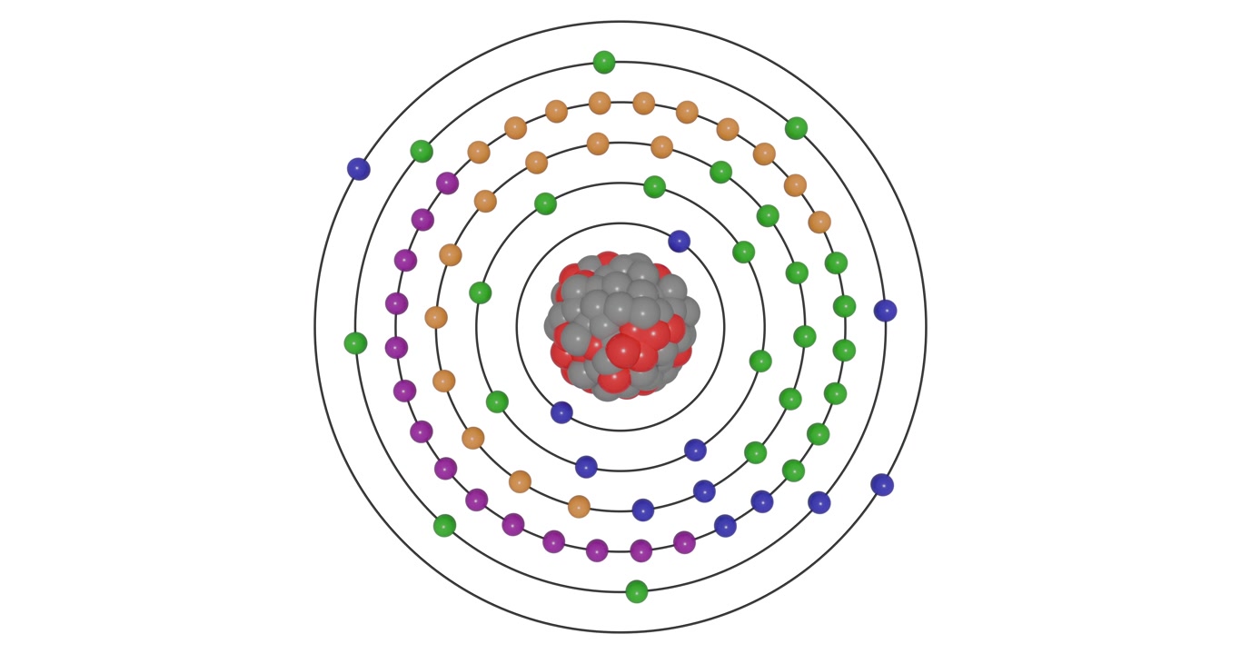 Animazione 3D di un atomo di Itterbio che mostra gusci, sottogusci, orbite elettroniche e nucleo con protoni e neutroni, illustrando la struttura atomica e i livelli di energia per visualizzazioni didattiche STEM in chimica