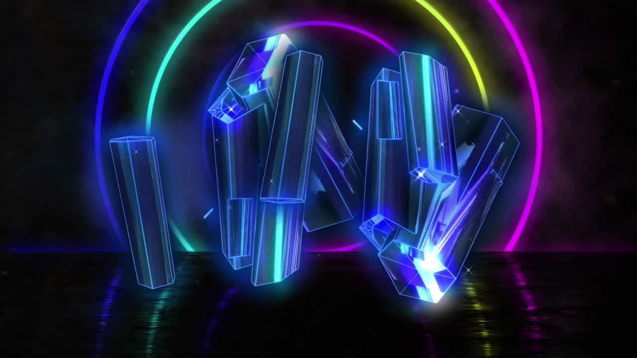 검은색 배경에 네온 원 위에 반이는 파란색 모양의 애니메이션