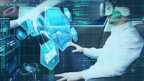 animación de pantallas de información con auriculares man in vr utilizando un coche de conducción autónoma