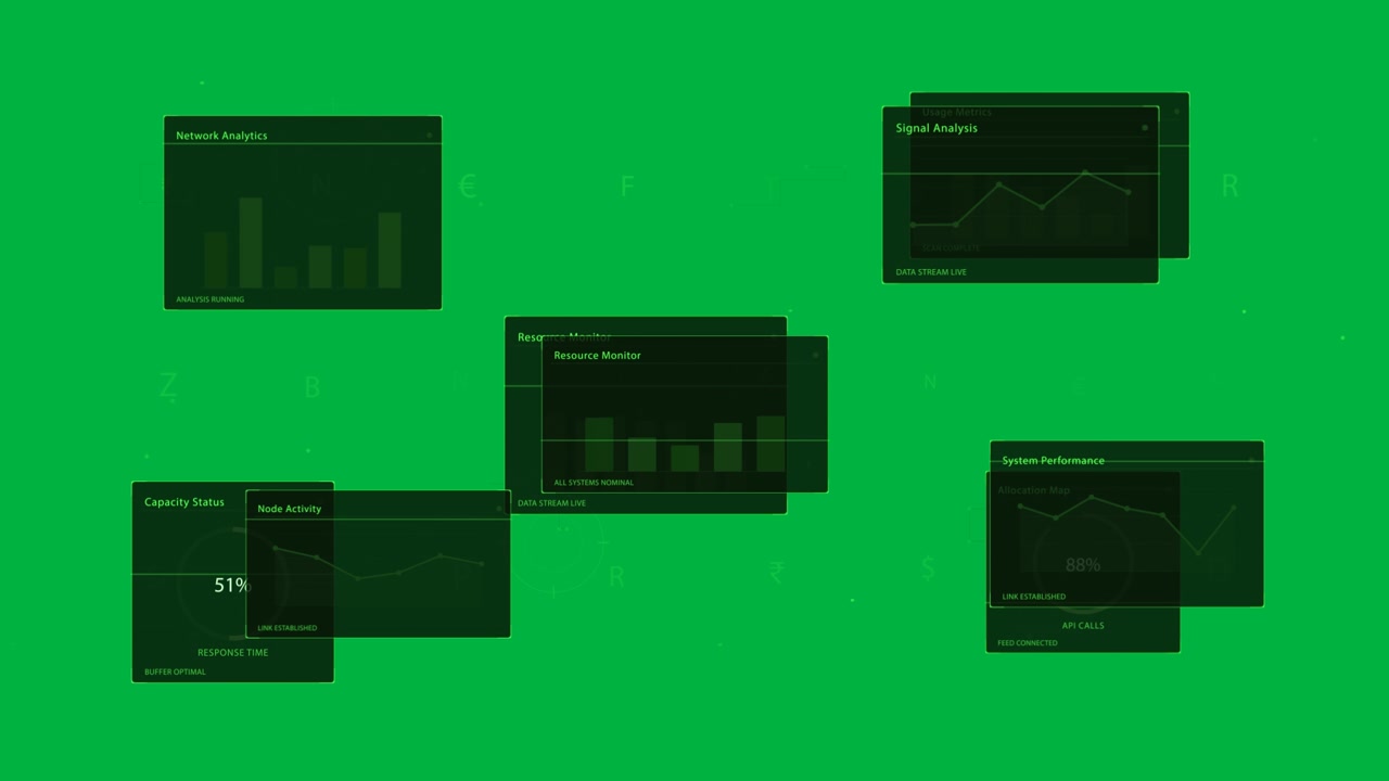 P marker appearing, HUD animating resource monitor traffic gauge monitoring on transparent grid