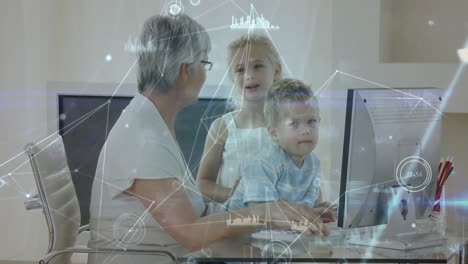 Animation-of-a-Caucasian-senior-woman-and-her-grandchildren-using-a-computer-with-a-moving-network-