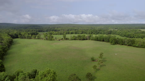 Pull-back-over-landscape-of-open-fields-and-forest-in-southern-Missouri-on-a-beautiful-summer-day