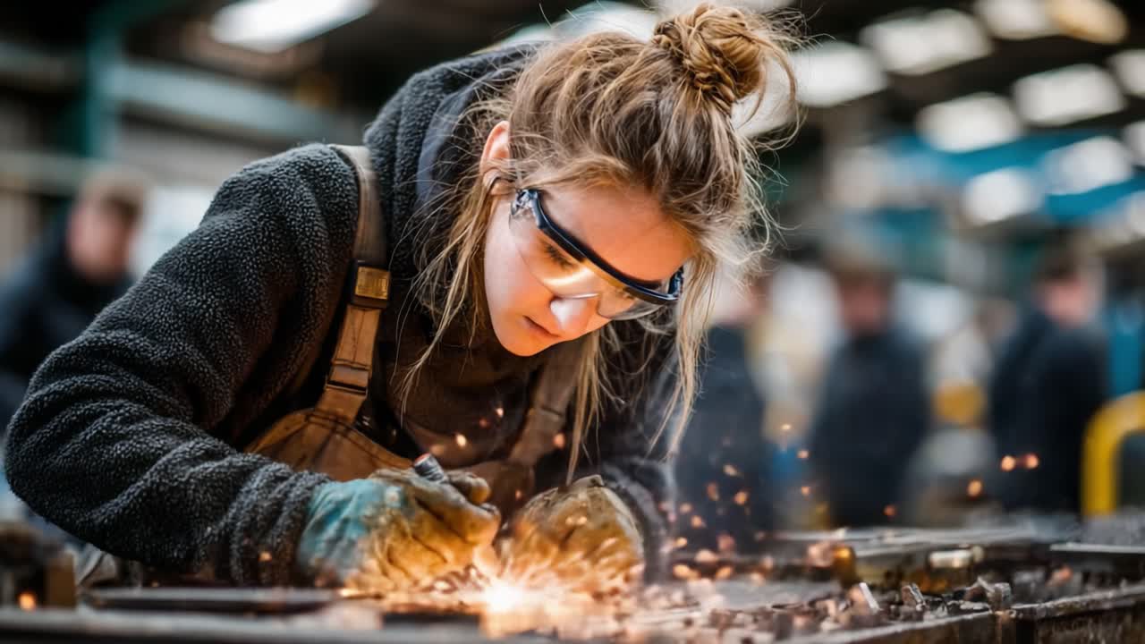 Focused Artisan in Protective Gear Sparks Creativity While Engaging in Precision Metalwork, Capturing a Dynamic Moment of Artisan Craftsmanship in Action