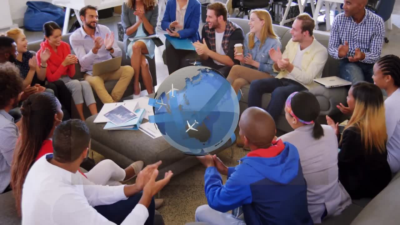 비즈니스 회의에서 비행기와 함께 지구촌의 애니메이션