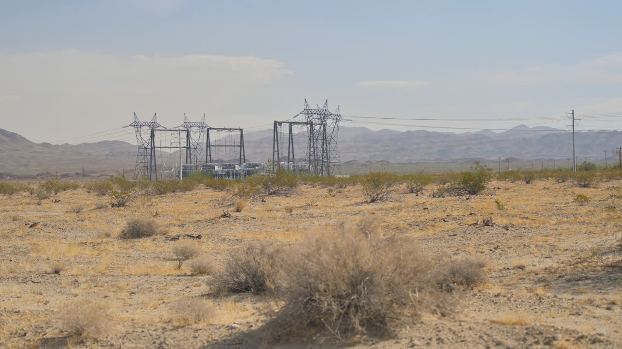 Electrical power station in California desert, zoom in shot