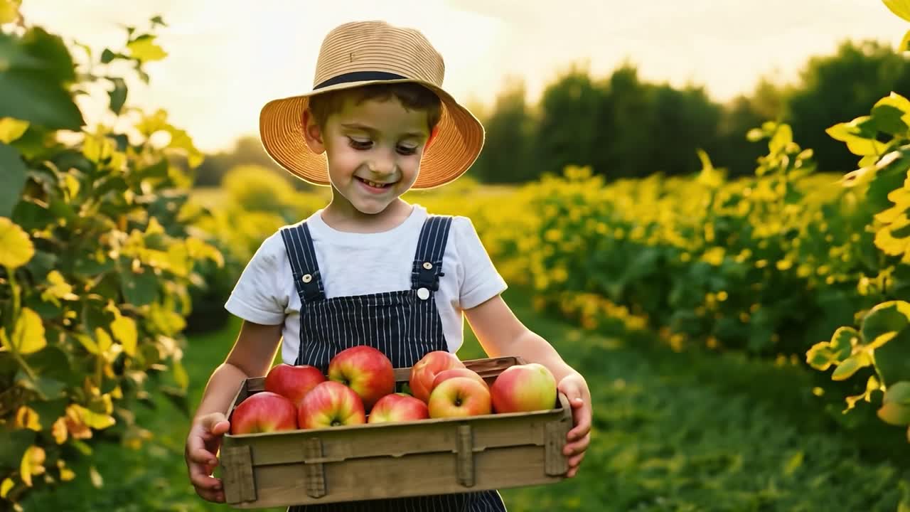 niño feliz recogiendo manzanas en el huerto