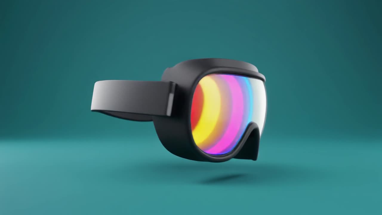 3D render rotujícího headsetu pro virtuální realitu s barevným displejem.