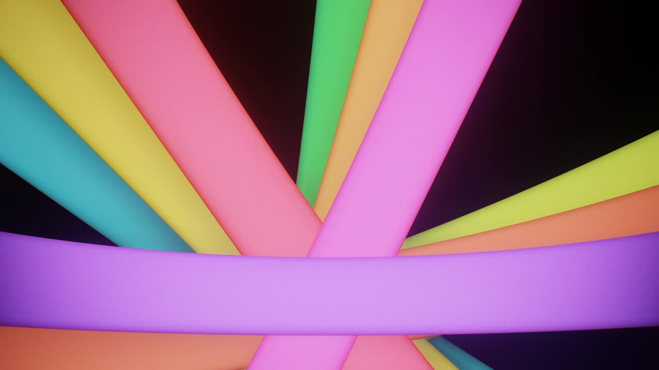 레인보우 색상의 다채로운 줄무가 회전, 하위 3분의 1에 배너, 검은 바탕에 추상적인 3d 객체, 4k
