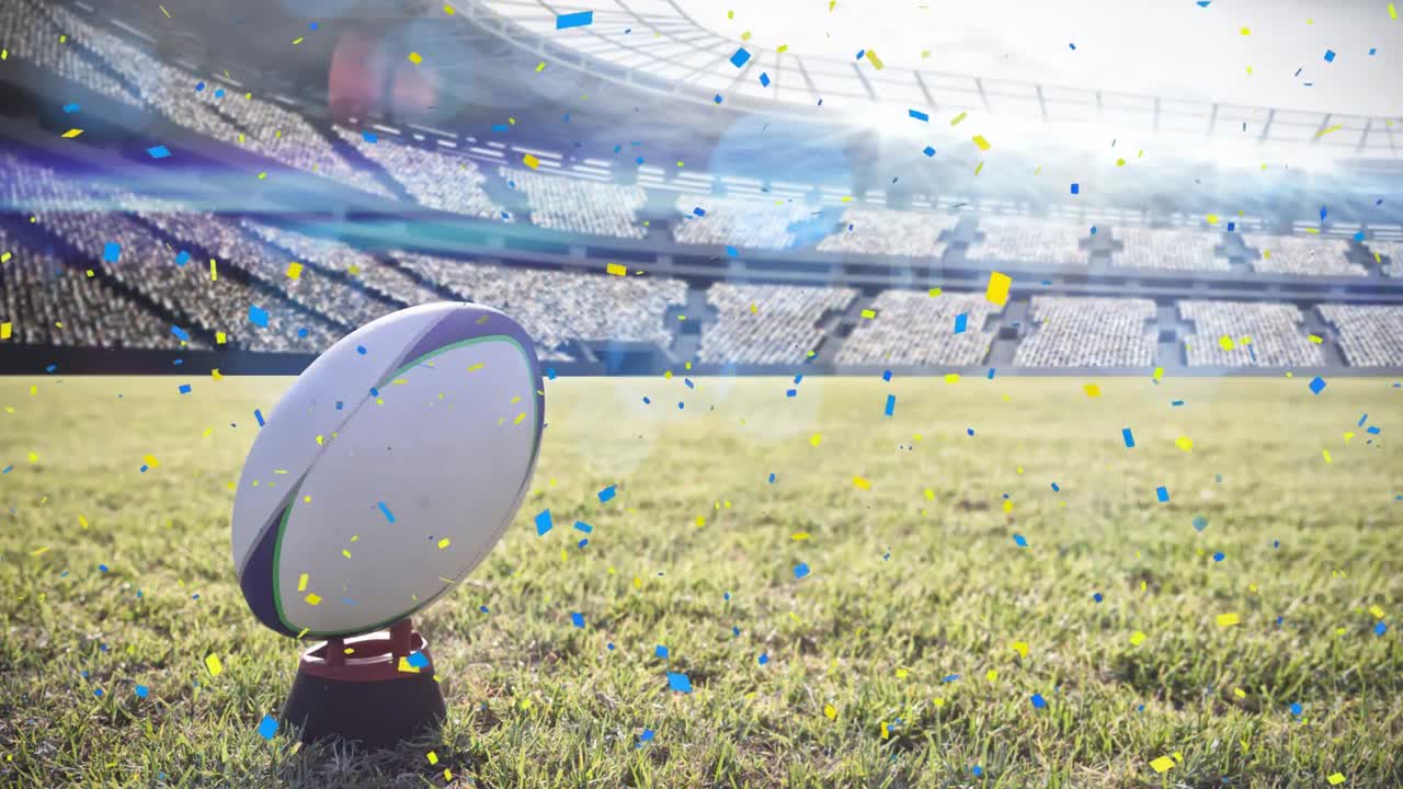 경기장에서 럭비 공 위에 떨어지는 콘페티의 애니메이션