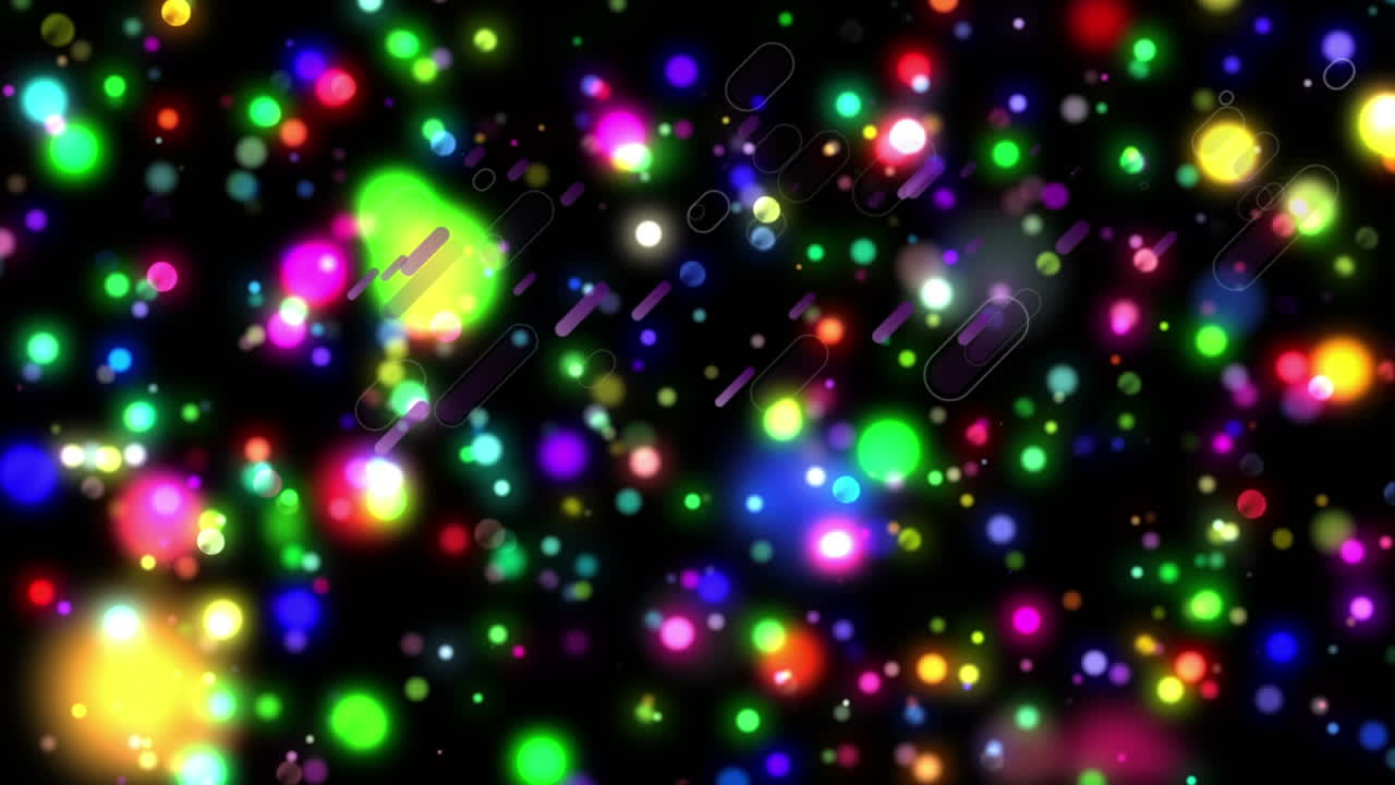 animación de un patrón abstracto sobre puntos iluminados multicolores flotantes sobre un fondo negro.