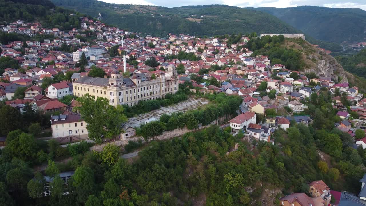 Drone video of abandoned Austro-Hungarian 'Jajce Barracks' in Vratnik neighbourhood, perched above the city of Sarajevo, Bosnia and Herzegovina