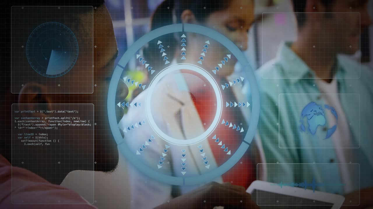 Three colleagues tapping tablets during tech demo, HUD appearing and pulsing while tracing inputs