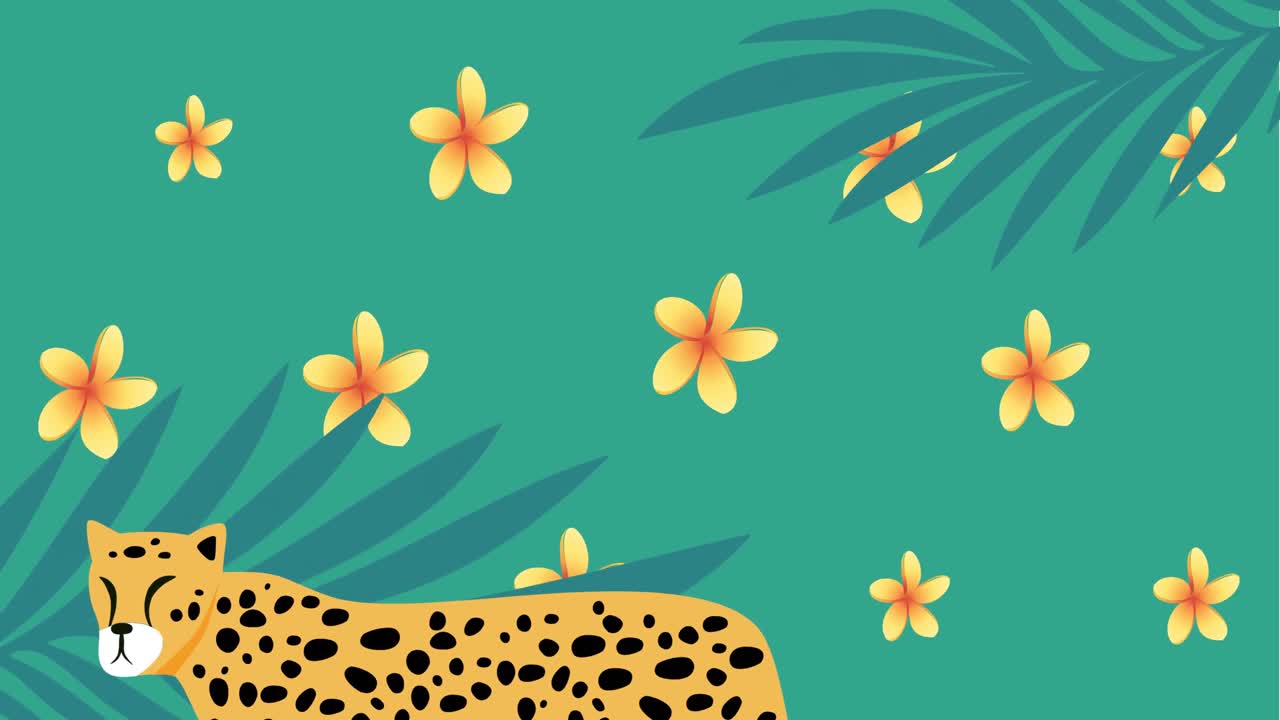animación de flores amarillas pulsando en formación sobre hojas tropicales con guepardo en verde