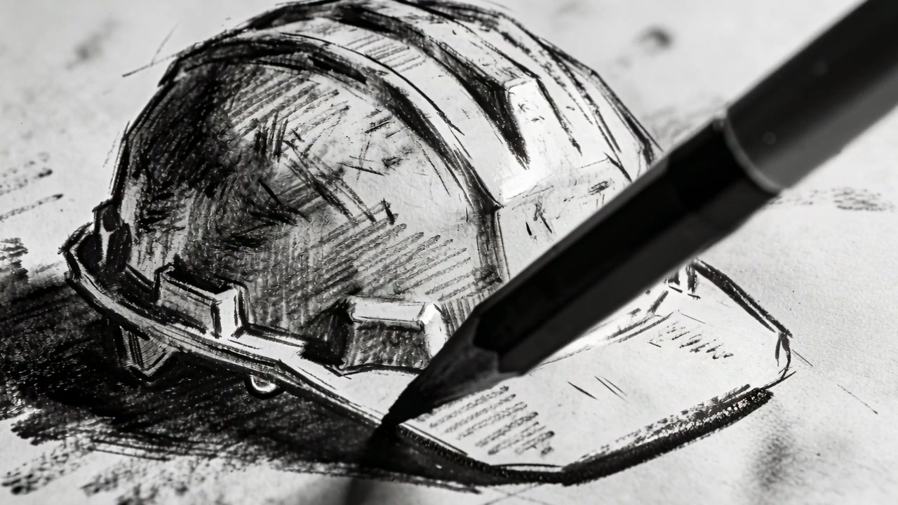 Ein Graphitstift kommt von rechts ins Bild, zeichnet die Krempe auf Papier, schraffiert und vertieft die Hutskizze.