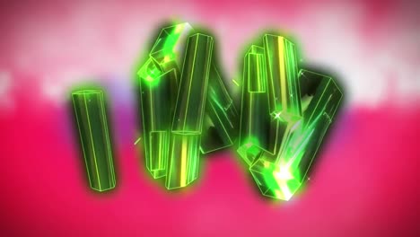 digital animation of green glowing crystal shapes against pink background