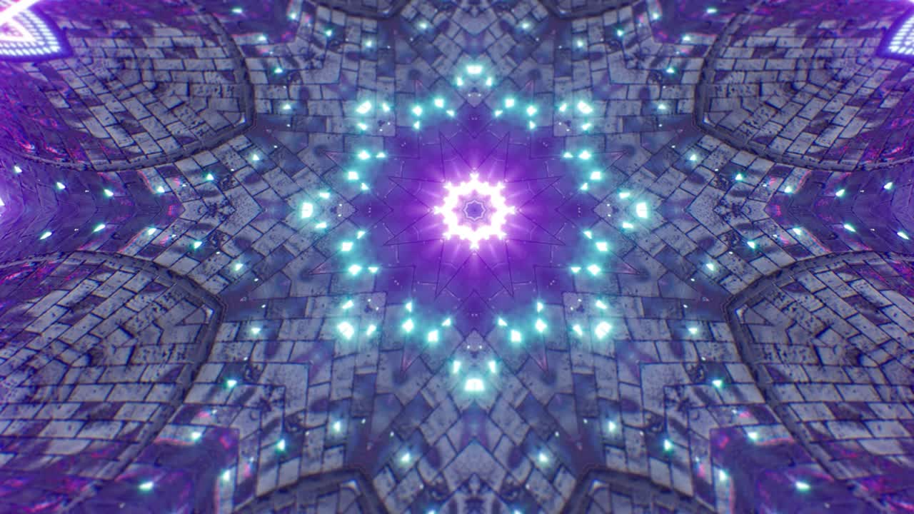 luz geométrica de neón brillante en la estructura de azulejos de piedra, bucle vj