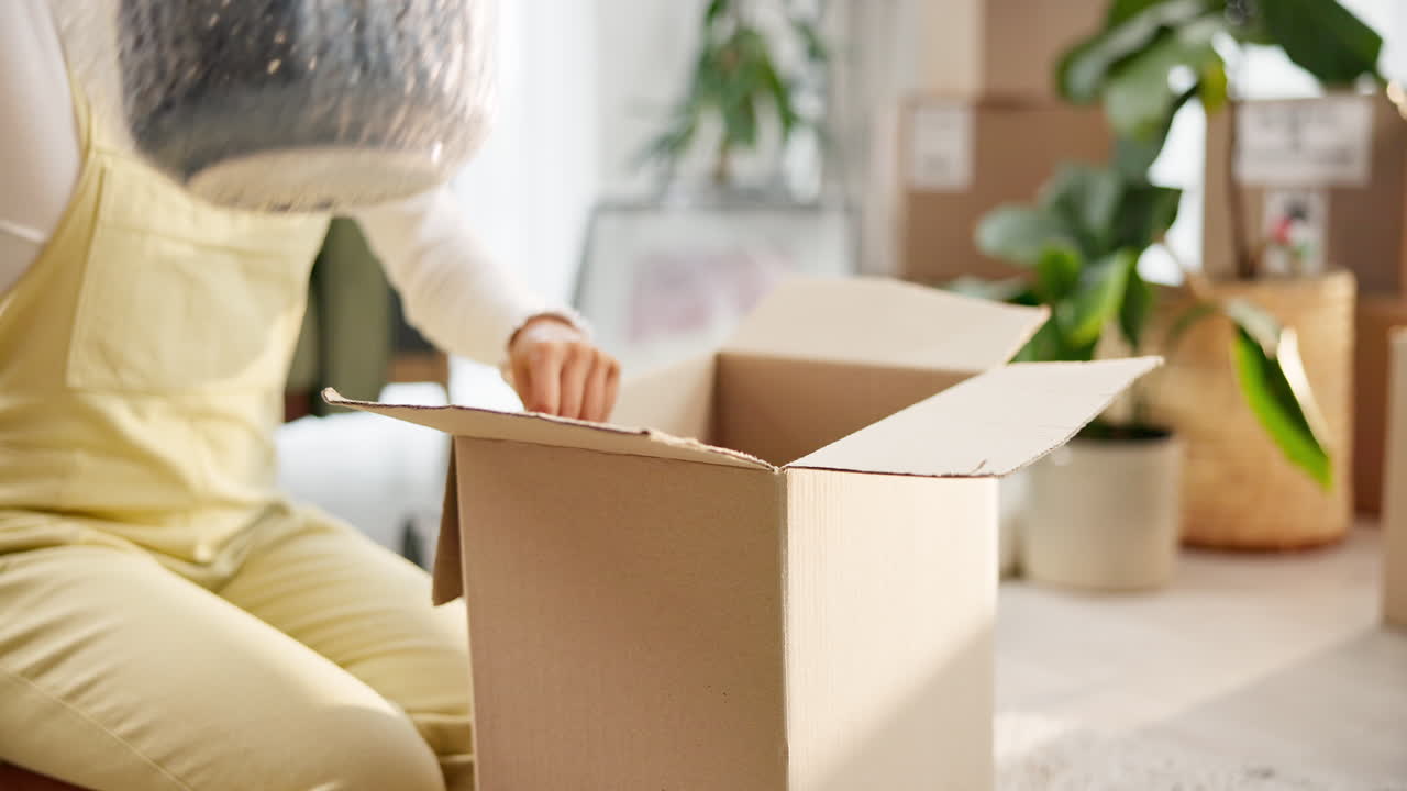 Woman packing items in cardboard box for moving