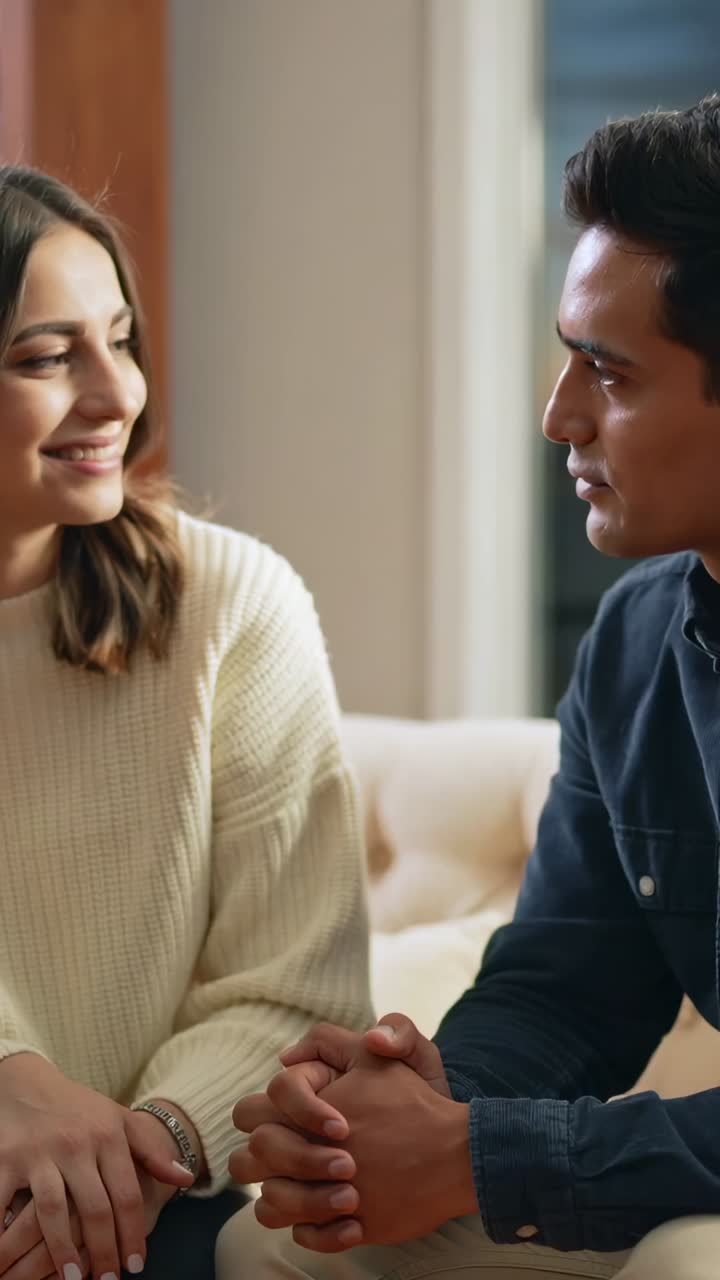 Vertical video: Couple on sofa at home, man starting chat gesturing, stressing, woman in cream knit