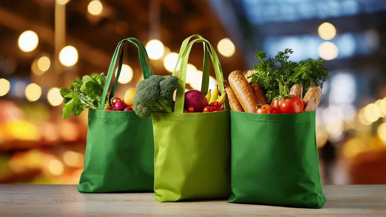 Vibrant Green Grocery Bags Filled with Fresh Produce: A Colorful Display of Healthy Vegetables and Fruits Showcasing Nutritional Abundance for a Wholesome Lifestyle in a Well-Lit Market Environment