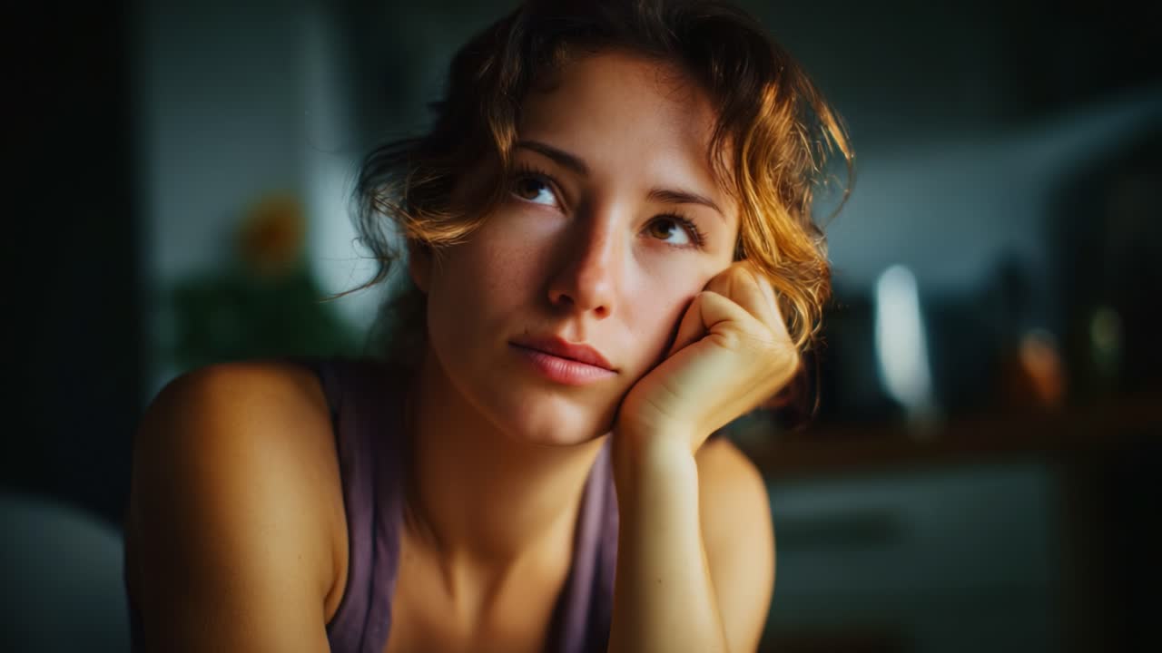 An introspective moment captured in frames, showcasing a contemplative young woman lost in thought, defined by her expression and the soft, ambient lighting surrounding her