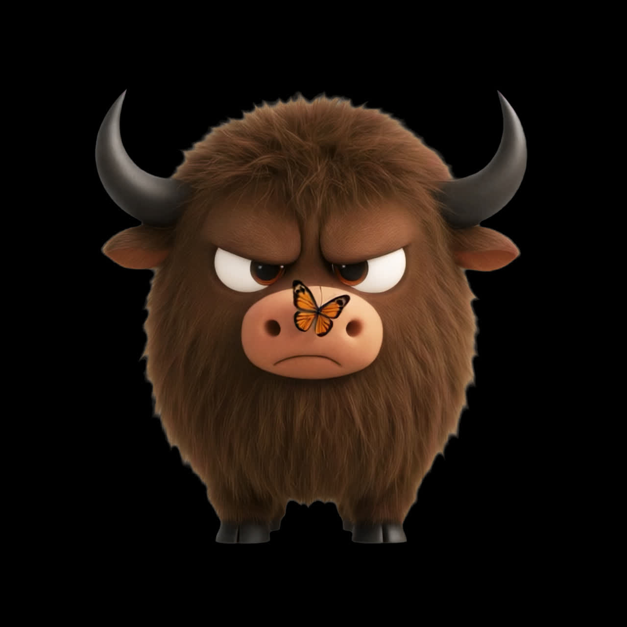 Cute cartoon buffalo butterfly animation isolated asset, transparent 4K video, alpha channel, ProRes