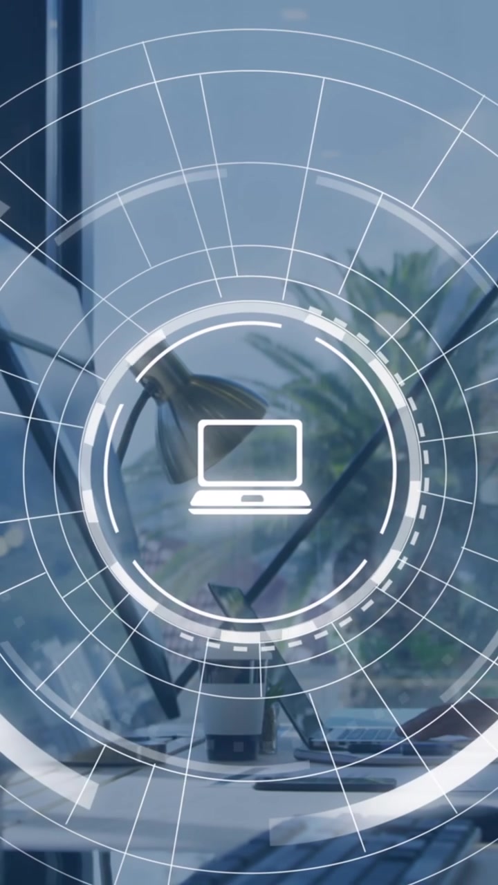 Animazione di icone educative che cadono su uomini caucasici che usano il laptop