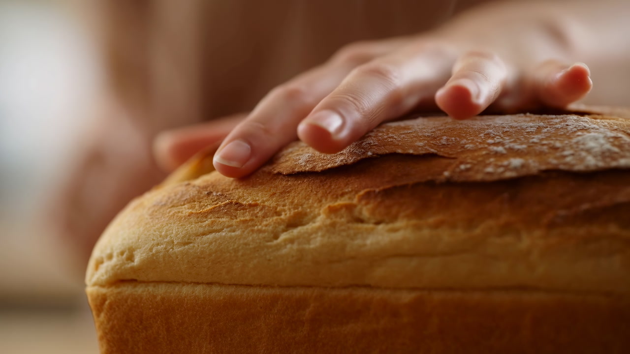 Closeup Hands Touching Warm Bread Crust. Home Baker Gently Feels Loaf Texture On Wooden Board, Golden Crust
