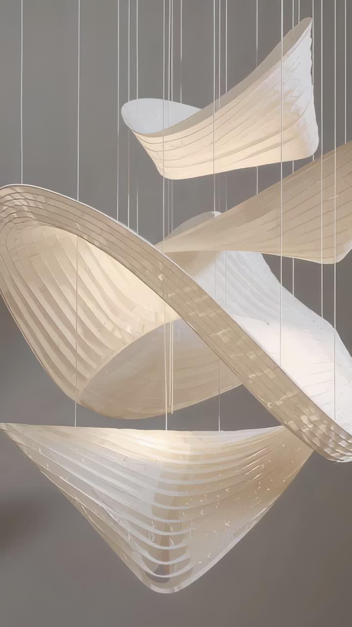 Vertical video: Panning camera showing pendant shades swaying, exposing warm ribbed glow in gallery