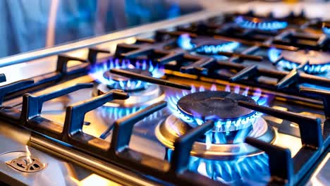 a close up of a gas stove with blue flames