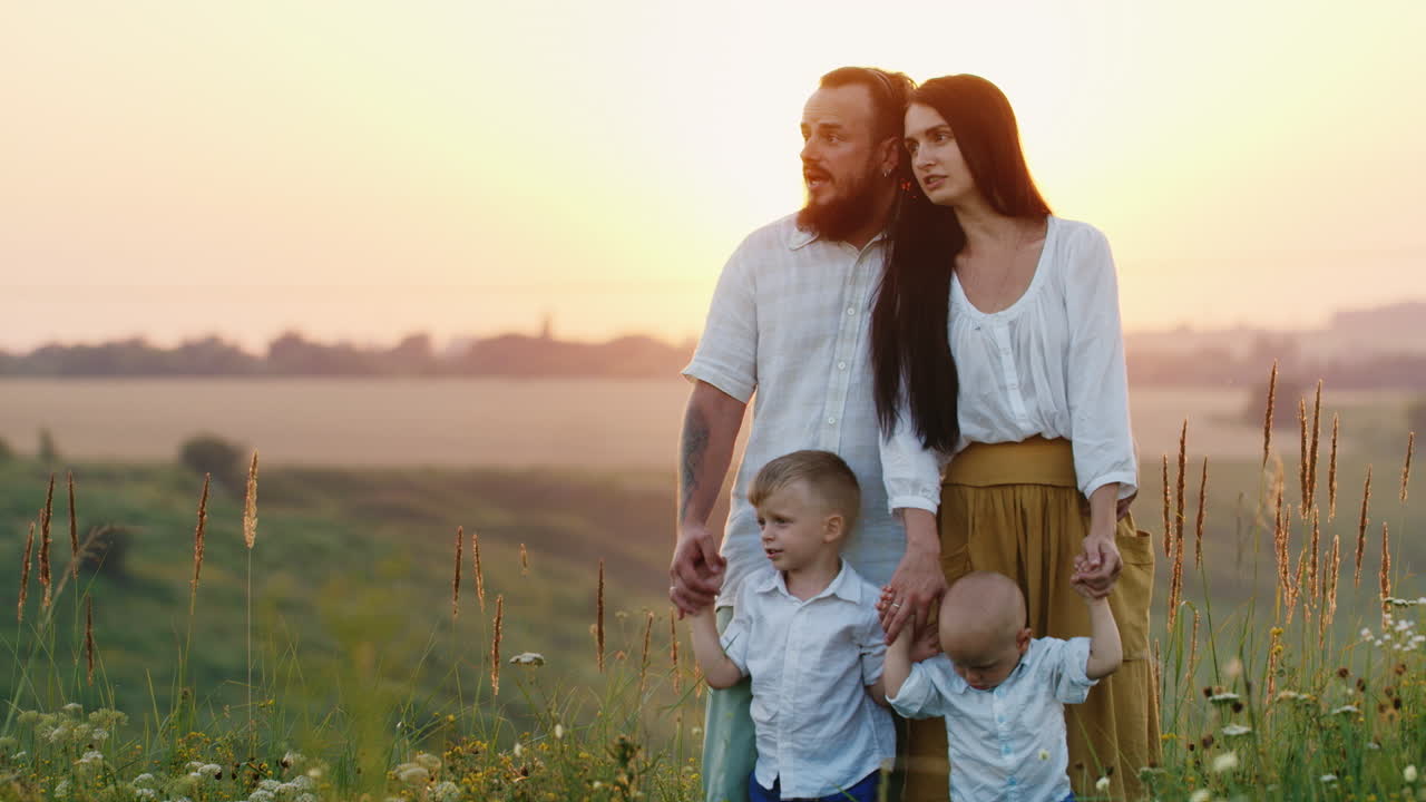 젊은 농부 가족이 자녀와 함께 그들의 땅을 조사하고 아름다움을 즐깁니다.