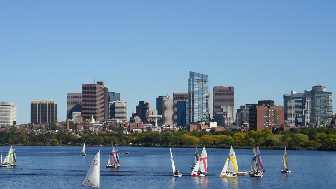 Scenic view of small sailboats sailing on the Charles River with Boston city skyline in the background under clear blue sky