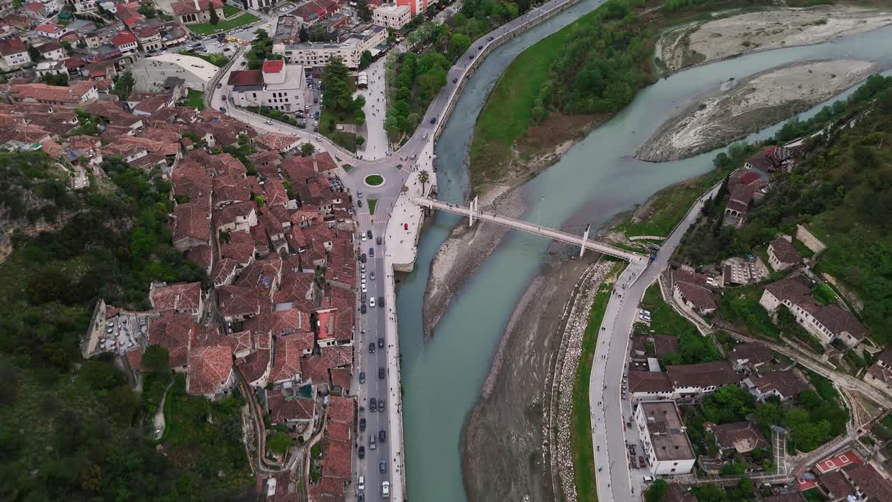Aerial view of Berat cityscape and river in picturesque Albania