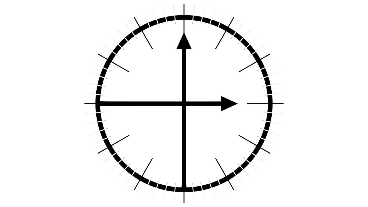 Animation of timelapse of flat clock face with long arrows.