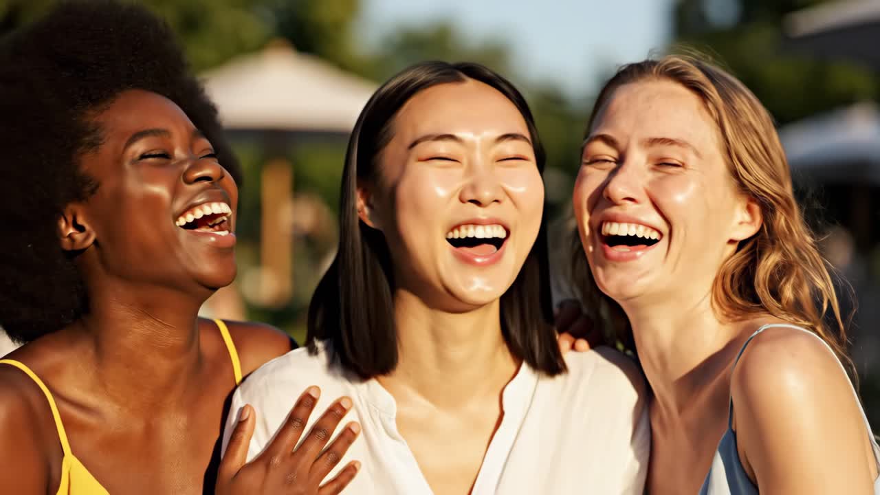 Three diverse women laughing and enjoying friendship outdoors