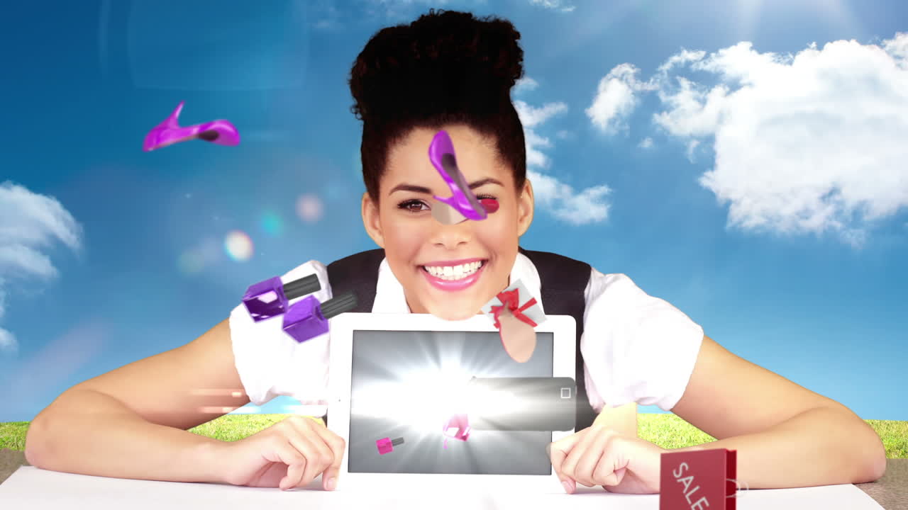 Pretty brunette presenting e-shopping concept