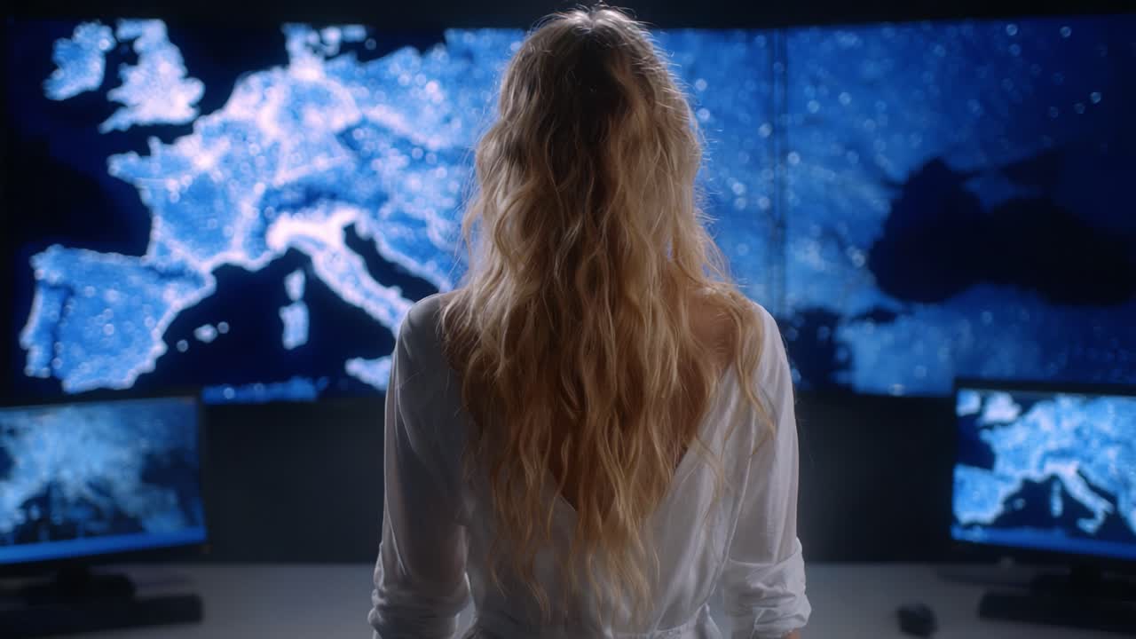 A Contemplative Observer Analyzes Digital Maps of Europe Against a Backdrop of Glowing Data Displays in a High-Tech Monitoring Room