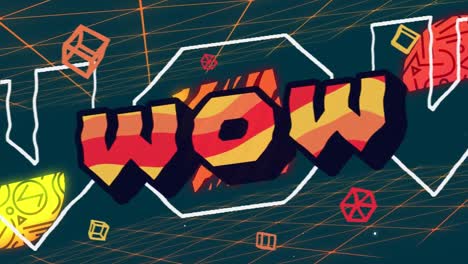 animación digital de texto wow y formas abstractas contra la red de cuadrícula sobre fondo azul