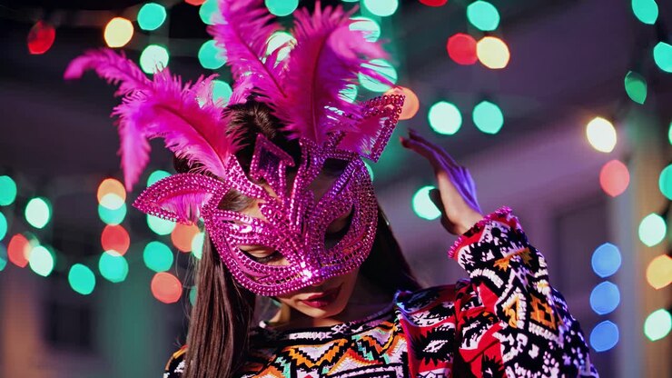 Woman in Pink Mask and Festive Attire