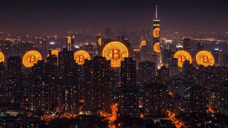 a dazzling night cityscape illuminated by giant glowing bitcoin symbols, showcasing the fusion of modern technology and cryptocurrency in a vibrant urban environment