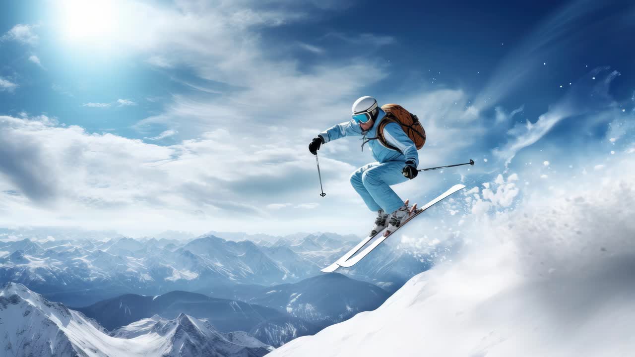 Dynamic video concept of a skier mid-air against snowy mountains