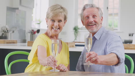 Una-Pareja-De-Ancianos-Jubilados-Haciendo-Un-Brindis-Ante-La-Cámara-Celebrando-Juntos-Con-Una-Copa-De-Champán-En-Casa