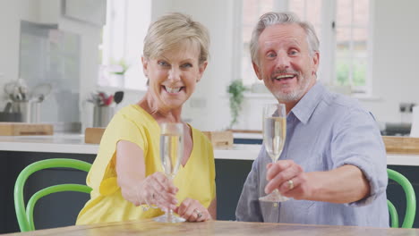 retired senior couple making a toast to camera celebrating with glass of champagne at home together