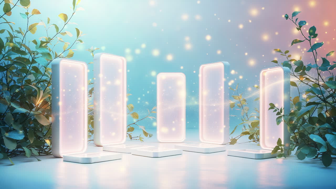 Abstract Glowing Display Podiums in an Ethereal Nature Setting
